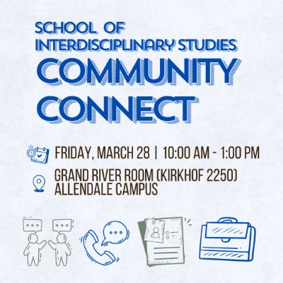 Blue background with event info and line drawings of people talking, a telephone, a resume and a briefcase.